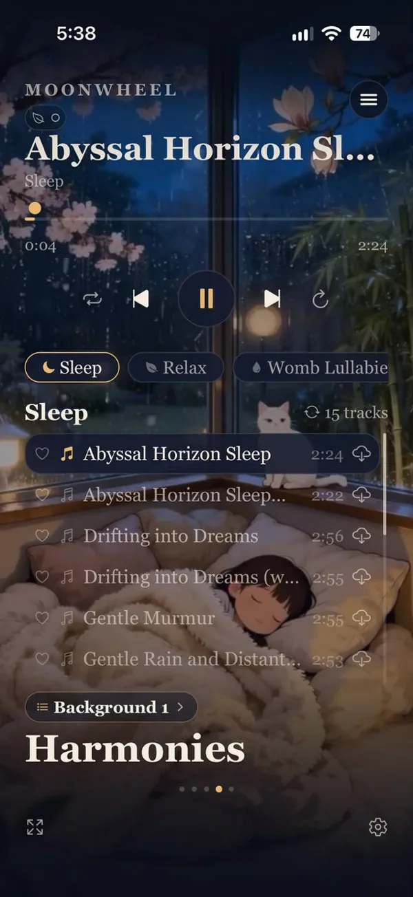 Harmonies: a sleep music playlist over a rainy window scene